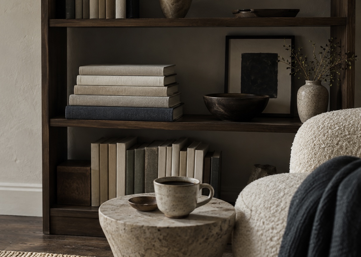 A curated stack of Books and coffee on a table, styled for Maison Touvelle Press.